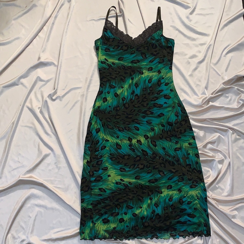 Size M Y2K Guess Peacock Mesh Cami Midi Dress | Green Print Mesh Cami Dress